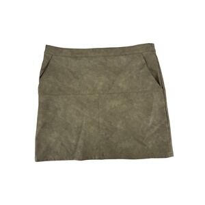 Shinestar Women XL Olive Green Faux Leather Mini Skirt A-Line Pockets Distressed